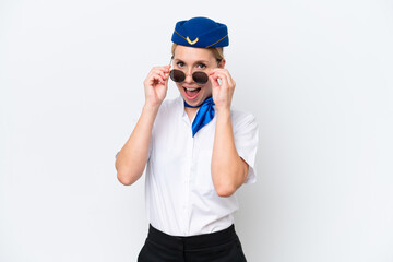 Wall Mural - Airplane blonde stewardess woman isolated on white background with glasses and surprised