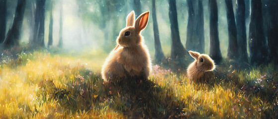 Artistic digital painting of a cute rabbit in the forest, wallpaper