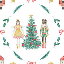 Watercolor Christmas Seamless Pattern With Fairy Ballerina, Soldier And Nutcracker