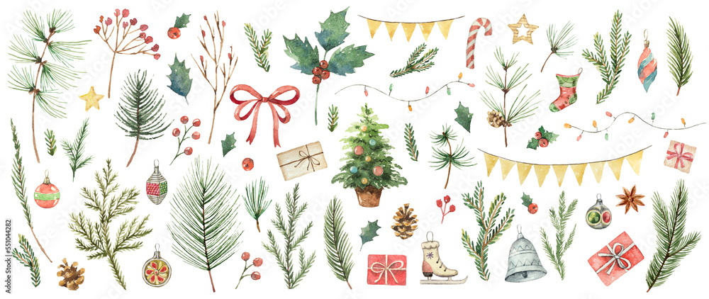 Watercolor Christmas set with fir branches, balls, gifts, garlands and ...