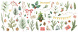 Watercolor Christmas set with fir branches, balls, gifts, garlands and bow. Holiday Illustration isolated on transparent background.