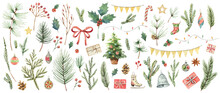 Watercolor Christmas Set With Fir Branches, Balls, Gifts, Garlands And Bow. Holiday Illustration Isolated On Transparent Background.