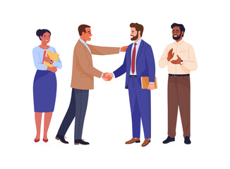 Wall Mural - Businessmen meeting. Vector cartoon illustration of diverse smiling business people, and two bosses shaking hands. Isolated on white