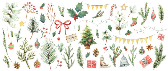 Wall Mural - watercolor christmas set with fir branches, balls, gifts, garlands and bow. holiday illustration iso