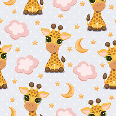 Wall Mural - Seamless pattern with cute giraffes, clouds, moon and stars. Vector illustration.