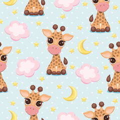 Wall Mural - Seamless pattern with cute giraffes, clouds, moon and stars. Vector illustration.