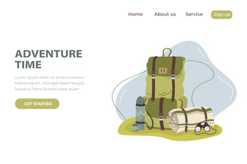 Flat landing page template for summer camping, tourism, outdoor vacation. Vector illustration of travel equipment, backpack, thermos, binoculars, mat in cartoon style.