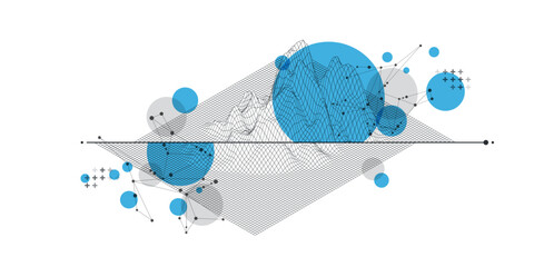 3D grid cyberspace illustration. Trendy abstract wireframe background. Digital technology Mountain. EPS 10 Vector.