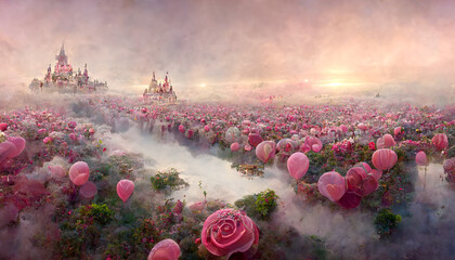 Wall Mural - Magical unusual fairy-tale palaces, flower beds with roses.