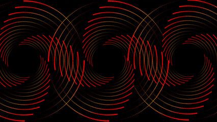 Colorful abstract trails of red dots . lines background is black and 3 circles