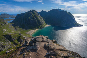 Wall Mural - hiking mount ryten and kvalvika beach on lofoten islands in norway