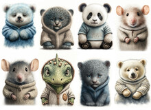 Cartoon Animal Toys Set, Animals Wearing Clothes, Cute Baby Animals, Nursery Art, Digital Art