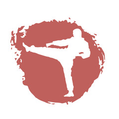 White Illustration male karate fighter wearing uniform isolated vector silhouette. On red background.