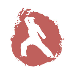 White Illustration male karate fighter wearing uniform isolated vector silhouette. On red background.