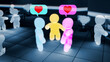 Persons avatars in game or metaverse are talking about dating site - industrial 3D illustration
