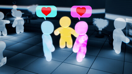 Persons avatars in game or metaverse are talking about dating site - industrial 3D illustration