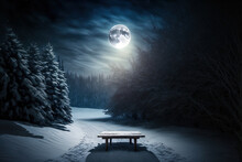 Lonely Bench Covered With Snow In Winter Forest At Night. Mysterious Winter Landscape. Digital Art