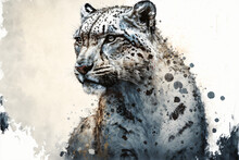 Ink Painting Of Snow Leopard Portrait