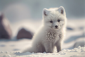 arctic fox pup (vulpes lagopus) in snow habitat, generative ai