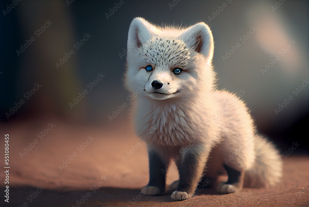 Baby Arctic fox (Vulpes Lagopus) in snow habitat, winter landscape, Svalbard, Norway