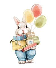 Watercolor vintage boy bunny hare animal in blue pants holding birthday present boxes and balloons isolated on white background. Hand drawn illustration sketch