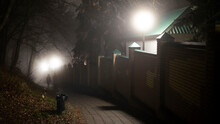 Two Girls Walking Along A Lantern-lit Street In The Fog