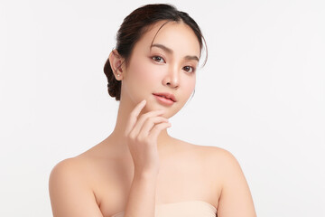 Beautiful young asian woman with clean fresh skin on white background, Face care, Facial treatment, Cosmetology, beauty and spa, Asian women portrait.