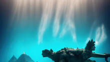 Fantasy Illustration Of Underwater View Of Submerged Ruins Of Ancient City With Stone Figurines  Of Woman And Two Pyramids And A Ray Of Light Coming From The Sky