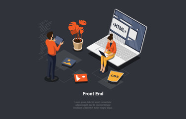 Front And Back End Of Development, Responsive Web Design, Website Interface, Coding and Programming. Man And Woman IT Developers Working On New Startup Or Project. Isometric 3d Vector Illustration