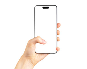 Wall Mural - finger clicking on phone mockup isolated on white background. smartphone template with empty screen.