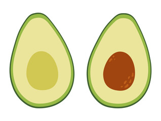 Two halves of an avocado. Raw fresh green vegetable with core and pit. Healthy vegetarian food. Isolated vector illustration in flat style.