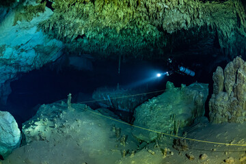 Wall Mural - cave diver instructor leading a group of divers in a mexican cenote underwater