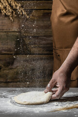 flour, Pizza dough, men hands Cooking bread