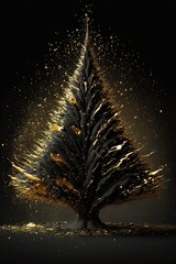 Wall Mural - Exploding Christmas tree made of golden and black metal, dark background 