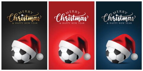 Soccer balls and Santa Claus hat - Merry christmas Greeting Cards - vector design illustration Set of black - red - blue Background