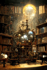 Complicated Steampunk Orrery in an Antique Library. [Digital Art Painting, Sci-Fi / Fantasy / Horror Background, Graphic Novel, Postcard, or Product Image]