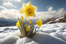 Illustration Of Blossom Yellow Daffodil Covered With Snow, Snow Fall,	
