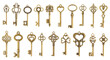 Set of vintage golden skeleton keys isolated