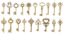 Set Of Vintage Golden Skeleton Keys Isolated