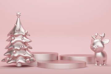 Wall Mural - Mockup metal podium on a pink background with a decorated Christmas tree and a deer. 3d rendering