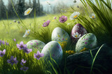 Fototapeta Mapy - illustration of decorated easter eggs on a green meadow