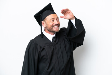 Middle age university graduate man isolated on white background has realized something and intending the solution