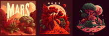 Mars Book And Comic Book Cover, Line Illustration, Vector Style, Red And Yellow Flowers, Martian Life, Colonist, Collection