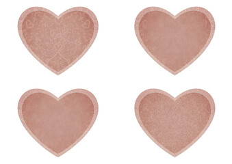 Set of 4 heart shaped valentine's cards. 2 with pattern, 2 with copy space. Pale pink background and light beige pattern on it. Cloth texture. Hearts size about 8x7 inch / 21x18 cm (pv02ab)