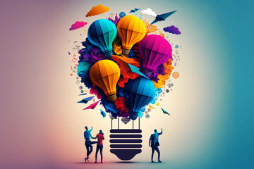 Wall Mural - illustration of a flying balloon, a colorful idea light bulb lamp, visualization of brainstorming, b