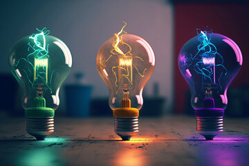 Wall Mural - three colorful glowing 3d idea light bulb lamps, visualization of brainstorming, bright idea and creative thinking, generative ai