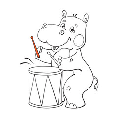 Wall Mural - Funny Hippo beats in the drum. In cartoon style. Black and white picture with red details. For coloring book. Isolated on white background. Vector illustration