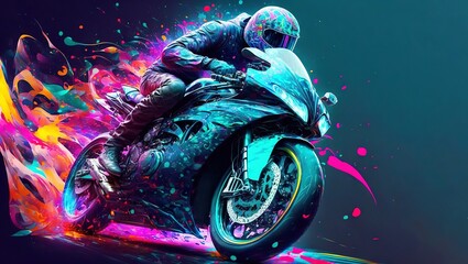 Canvas Print - Illustration of a colorful sport motorcycle on a dark background