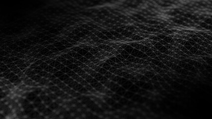 Wall Mural - Wave of digital particles on a black background. Abstract interlacing lines and points. Digital connection of elements. Simulation of the movement of small particles. 3D rendering.