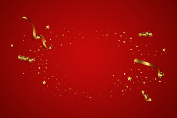 Wall Mural - Festive background vector illustration. Elegant colorful wallpaper design. Creative backdrop with golden ribbons, stars and confetti, horizontal red and gold banner with copyspace